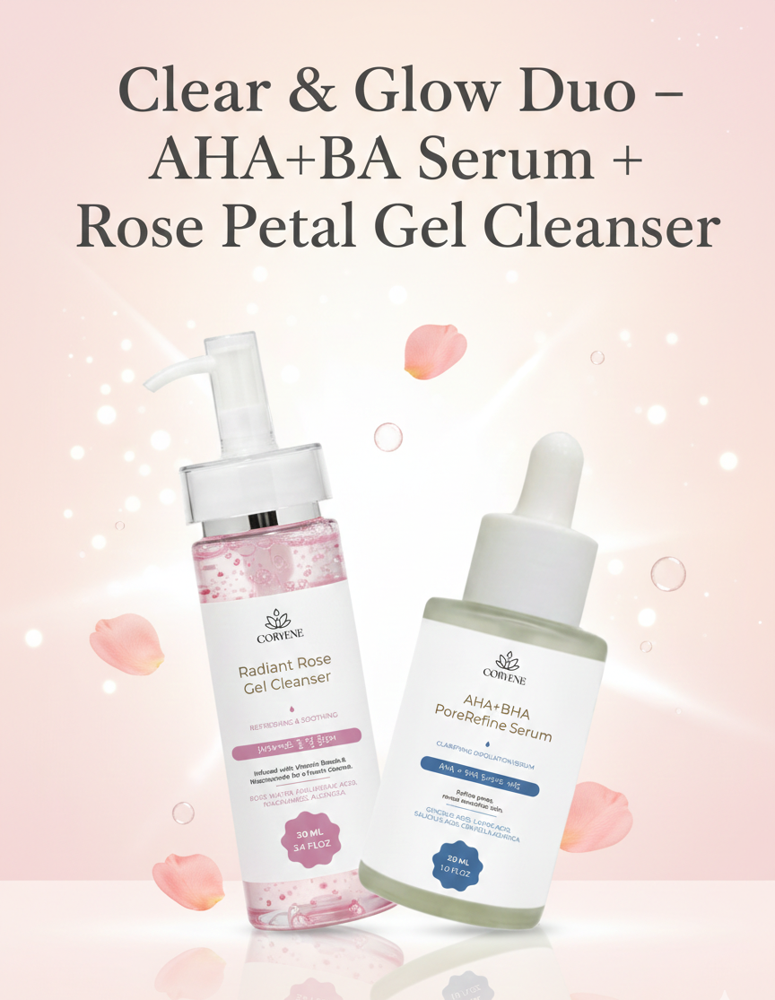 Clear & Glow Duo – AHA+BHA Serum + Rose Petal Gel Cleanser