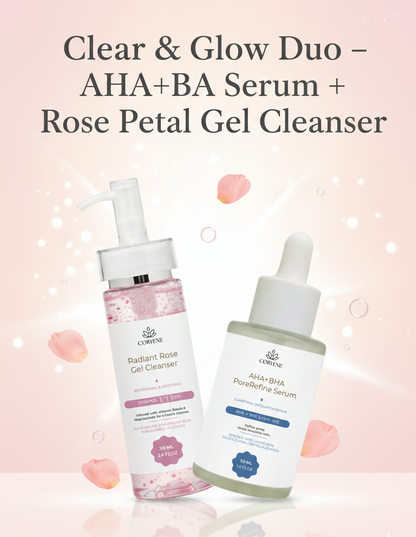 Clear & Glow Duo – AHA+BHA Serum + Rose Petal Gel Cleanser