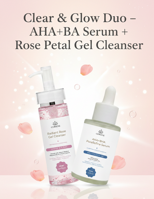 Clear & Glow Duo – AHA+BHA Serum + Rose Petal Gel Cleanser