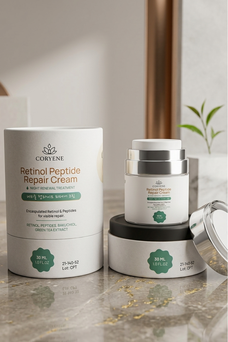 Coryene Retinol Peptide Repair Cream packaging on a marble surface with a plant in the background