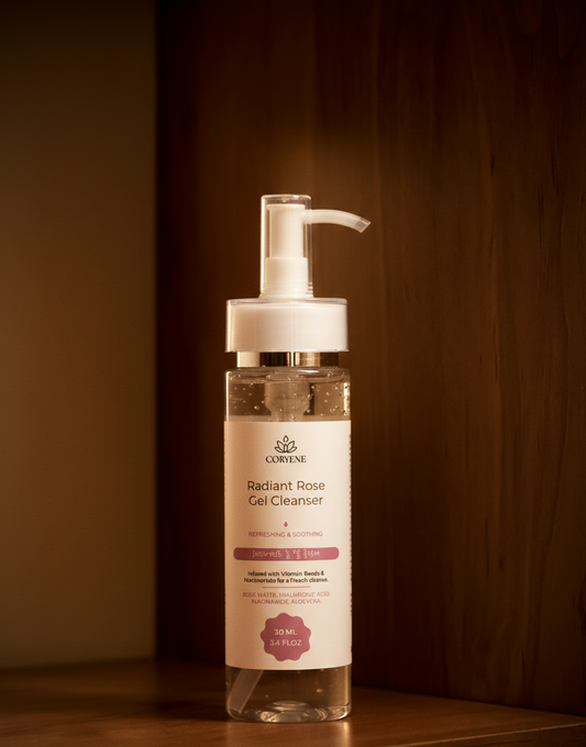 Radiant Rose Gel Cleanser bottle on a wooden surface with a dark background